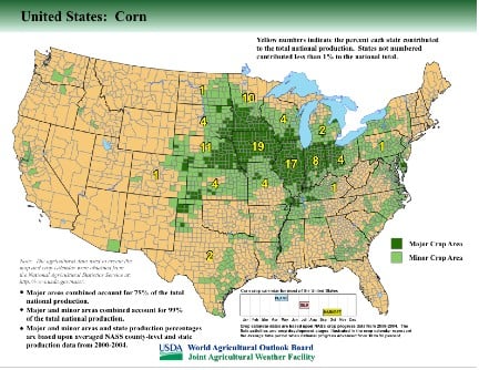 Map of U.S. showing major corn growing regions