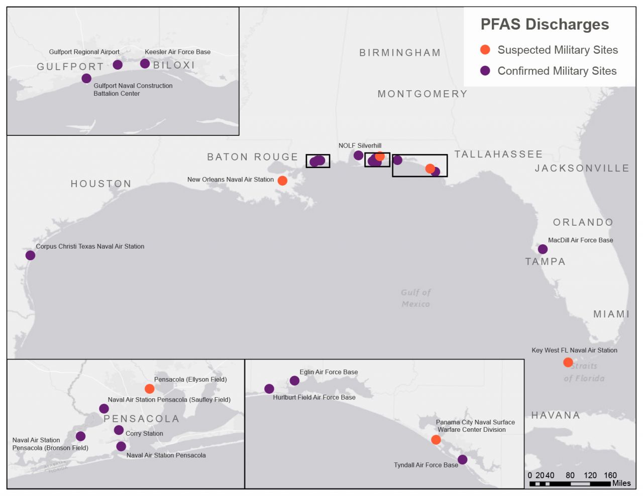 PFAS sites along the Gulf of Mexico