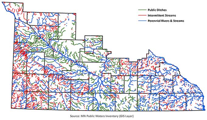 Map of southern Minnesota showing 3 types of waterways