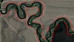 Satellite image showing row crops planted right up to stream beds
