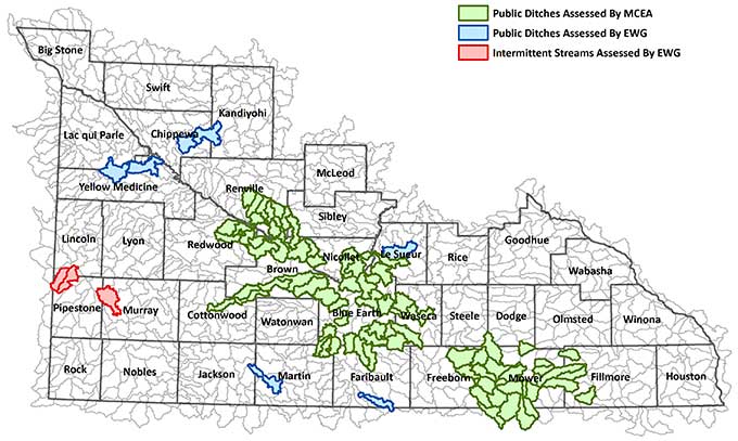 Map of southern Minnesota showing the locatoin of public ditches and intermittent streams in our analysis